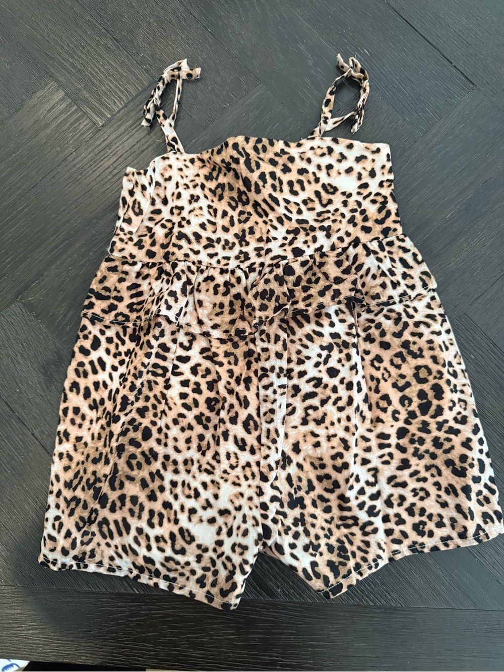 Janie and Jack Leopard Print Tie-Shoulder Romper in Tan and Black